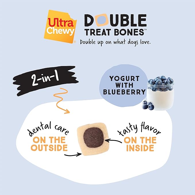 Ultra Chewy Yogurt with Blueberry Double Treat Bones: Long-Lasting Dog Treats Made in USA for Large and Small Breeds, Highly Digestible (12 Count)