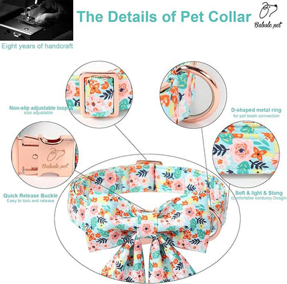 Floral Dog Collar with Bow Tie - Adjustable Blue Flower Lady Bow Collar Breathable Comfort Spring-Summer Dog Collars for Small Medium Large Dogs XL