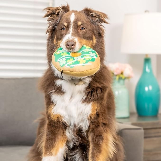 Huxley & Kent Funny Dog Toy w/Squeaker – Power Plush Squeaky Dog Toys for Small, Medium & Large Dogs – Soft Stuffed Animal for Indoor Play & Fetch - Shamrock Donut, Large
