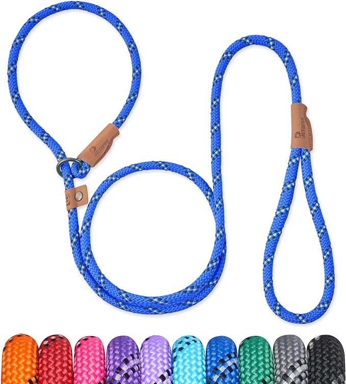 5 FT Slip Lead Dog Leash, Heavy Duty Rope Leash for Small Medium Large Dogs, No Pull Training Lead with Reflective Thread, Strong Comfortable Loop Leash (Blue Stripe, Medium(3/8"))