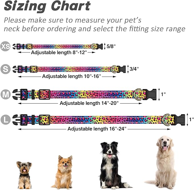 Reflective Dog Collar for Small Dogs Cats, Cute Leopard Style Adjustable Heavy-Duty Nylon Puppy Collar for Boy and Girl Female, Soft Pet Accessories with Quick Release Buckle, Neon