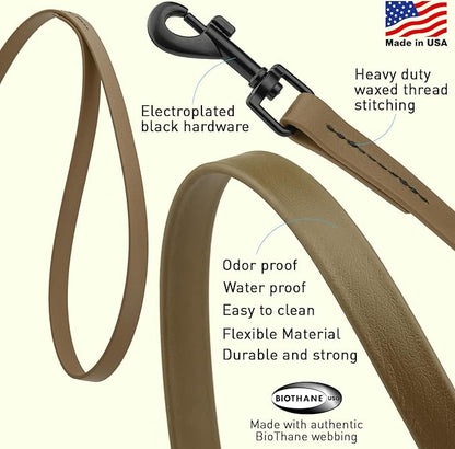 Dogline Biothane Waterproof Dog Leash Strong Coated Nylon Webbing with Black Hardware Odor-Proof Easy to Clean High Performance for Small or Large Dogs Made in USA 4 or 6 ft Lead, Coyote Brown