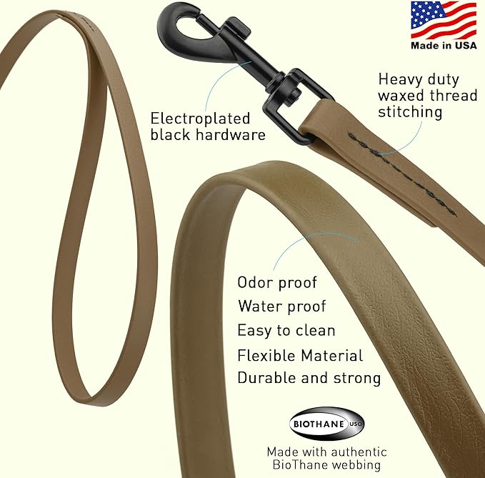 Dogline Biothane Waterproof Dog Leash Strong Coated Nylon Webbing with Black Hardware Odor-Proof Easy to Clean High Performance for Small or Large Dogs Made in USA 4 or 6 ft Lead, Coyote Brown