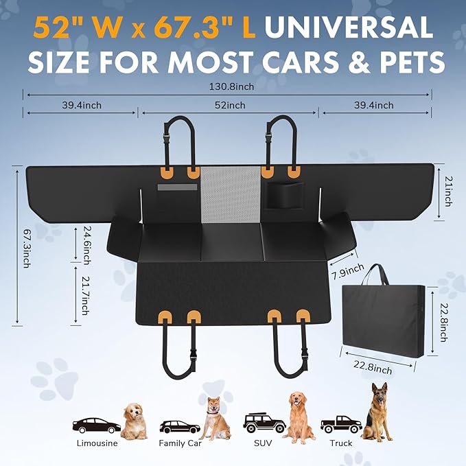 dessports Dog Car Seat Cover for Back Seat - Waterproof Car Seat Cover for Dogs with Side Flaps - Scratchproof Nonslip Hard Bottom Dog Hammock for Car Truck SUV