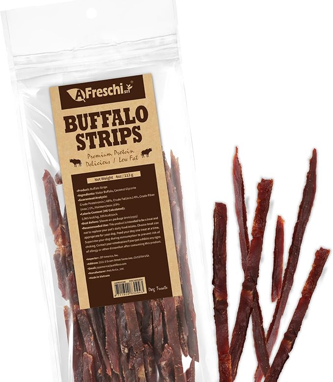A Freschi srl Buffalo Dog Treats, All-Natural, Hypoallergenic, High Protein, Low Fat, Human Grade Puppy Chews – Healthy Grain-Free Training Treats, 4oz Jerky Strips
