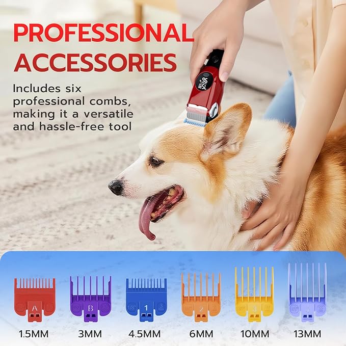 Mcbazel Dog Clippers Grooming Kit, Low Noise Rechargeable Cordless Adjustable Pet Hair Shaver Trimmers Set for Dogs, Cats and Other Pets - Red