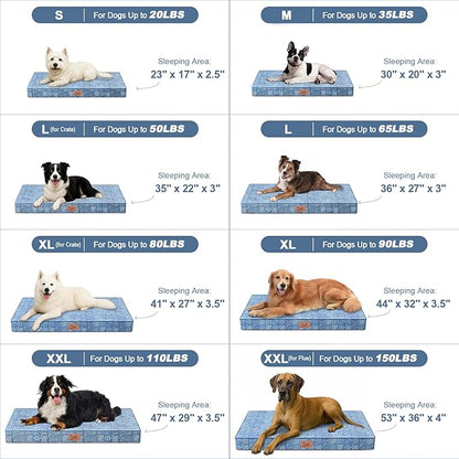 Tail Stories Outdoor Large Washable Dog Bed, Orthopedic Egg Crate Foam Dog Crate Mat for Large Dogs with Removable Oxford Cooling Cover, White Blue