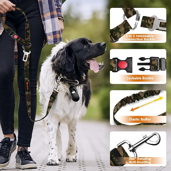 Removable Dog Seat Belt Harness for Car, 3 in 1 Pet Dog Car Seatbelt Leash, Retractable Restraint Secures to Vehicle Headrest & Adjustable Reflective Bungee Dog Seatbelt Tether, Camouflage