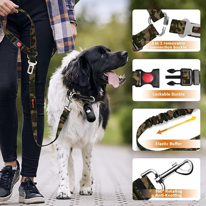 Removable Dog Seat Belt Harness for Car, 3 in 1 Pet Dog Car Seatbelt Leash, Retractable Restraint Secures to Vehicle Headrest & Adjustable Reflective Bungee Dog Seatbelt Tether, Camouflage