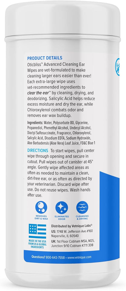 Vetnique Oticbliss Cat & Dog Ear Wipes - Dog Ear Infection Treatment or Dog Ear Cleaner Wipes for Dirty, Waxy, Smelly Dog Ears, Odor Control with Aloe Vera & Salicylic Acid (X-Lg Ear Cleaning Wipes)