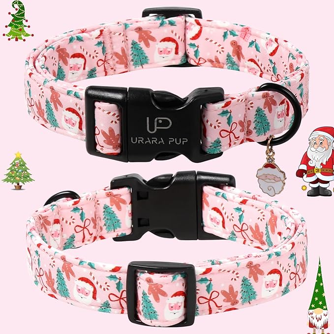 Xmas Dog Collars - Pink Christmas Tree & Santa Dog Collar with Gingerbread- Comfortable, Stylish Pet Collars with Quick Release Buckle for Christmas L