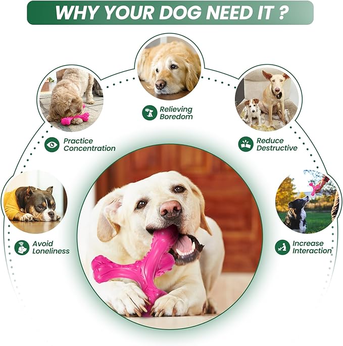 CVALIN Dog Chew Toys for Aggressive Chewers Large Breed,Indestructible Bones Toy，Durable Cleaning Toothbrush Natural Rubber Dog Toys… (Pink)