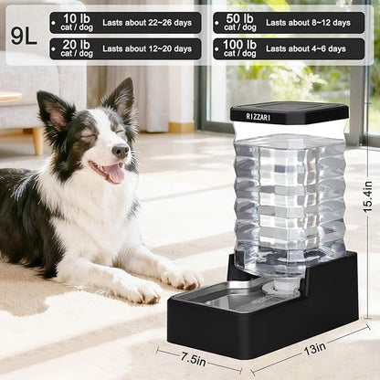 RIZZARI Stainless Steel Pet Waterer: 9L Black Gravity Fed Water Dispenser Leak-Proof for Senior Dogs Joint Care Home Owners - with Filter - Bedroom Garden Use
