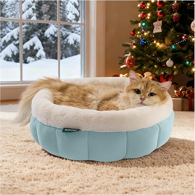 BALANCE Cat Beds for Indoor Cats, Washable Round Cat Bed, Cute Kitten Bed with Anti-Slip Bottom for Kitty and Puppy, 18 Inches, Dream Blue