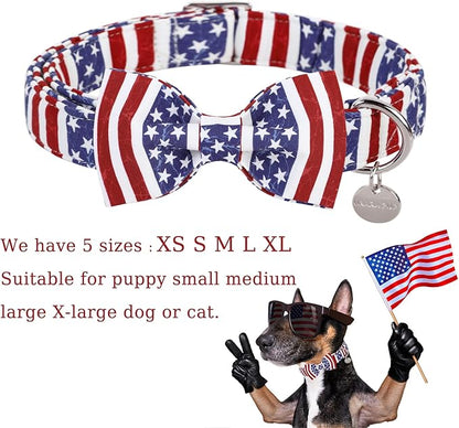 UP URARA PUP Dog Collar with Bow Tie, 4th of July Comfortable Cotton Dog Collar, American Flag Collar for Small Girl Boy Dog, Patriotic Bowtie Collar with Metal Buckle, S
