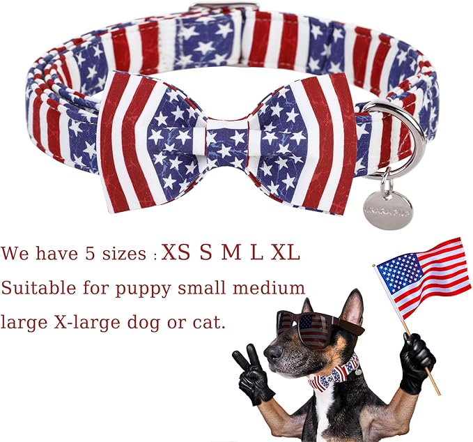 UP URARA PUP Dog Collar with Bow Tie, 4th of July Comfortable Cotton Dog Collar, American Flag Collar for Puppy Girl Boy Dog or Cat, Patriotic Bowtie Collar with Metal Buckle, XS