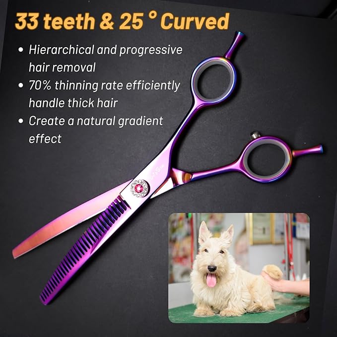 7" 33 Teeth Professional Dog Grooming Scissors, 25 Degree Curvature Pet Curved Chunker Thinning Shears, Japanese VG10 Steel Sharp, Smooth Cutting Scissors for Dogs Cats and Other Pets Face and Paws