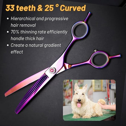 7" 33 Teeth Professional Dog Grooming Scissors, 25 Degree Curvature Pet Curved Chunker Thinning Shears, Japanese VG10 Steel Sharp, Smooth Cutting Scissors for Dogs Cats and Other Pets Face and Paws