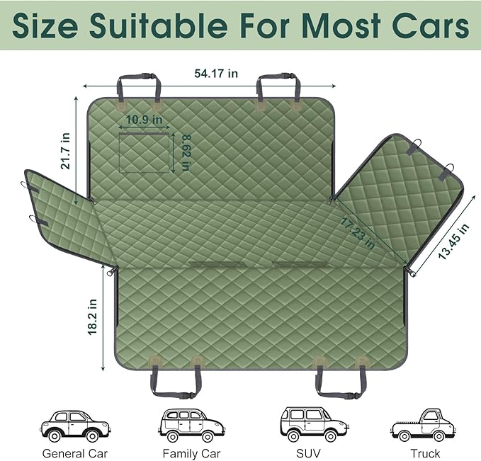 NECKORY Waterproof Dog Car Seat Cover for Back Seat - Durable, Scratch Proof Pet Hammock with Nonslip Design & Storage Pockets, Fits Cars, SUVs, Trucks- S, Green