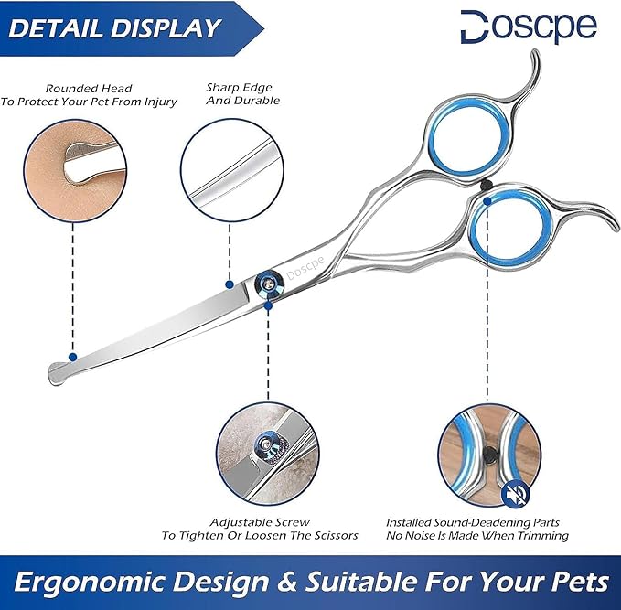 6 in 1 Professional Dog Grooming Scissors Set Pet Hair Cutting Shears Kit, Stainless Steel with Safe Rounded Tips for Dog Cat Other Animals, Right Left Handed
