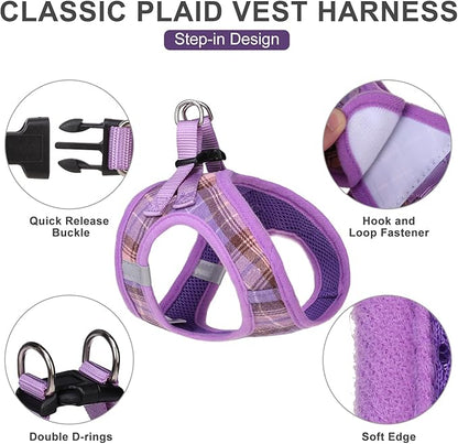 EXPAWLORER Classic Plaid Puppy Harness - Small Dog Harness and Leash Set - Dog Collar and Leash Set with AirTag Holder, Soft Padded Step in Dog Vest Harness No Pull Reflective for Outdoor, Purple S