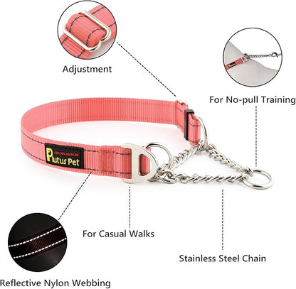 Plutus Pet Martingale Dog Collar with Stainless Steel Chain and Reflective Nylon, Adjustable No Pull Training Collar, for Small Medium, and Large Dogs, Pink, L