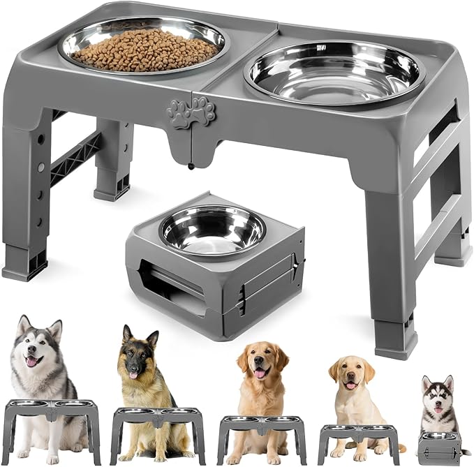 Elevated Dog Bowls for Large Dogs 5 Adjustable Heights 7.5"-15.4", 2 X-Large 10” Stainless Steel Bowls, Heavy Duty Raised Dog Bowl Stand Foldable Pet Feeder for Dogs Shoulder Height Over 15”, Grey