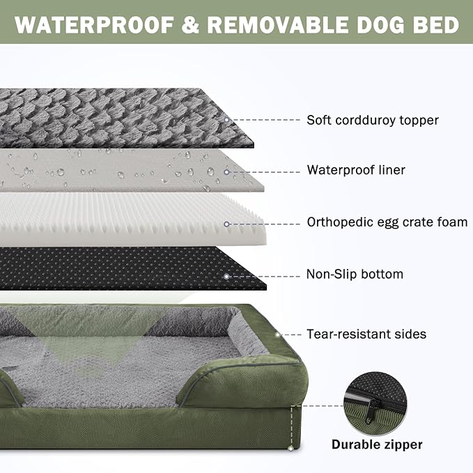 INVENHO Orthopedic Dog Bed for Large Dogs, Washable Waterproof, Egg-Crate Foam Dog Couch Bed with Washable Removable Cover, Waterproof Lining and Nonskid Bottom