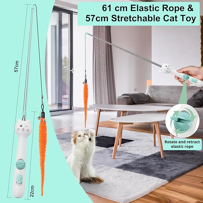 TBTeek Cat Toy, 2in1 Light and Retractable Pole with Feather, Rechargeable, Long Range 5 Modes, Interactive Toy for Indoor Cat Kitten Dog