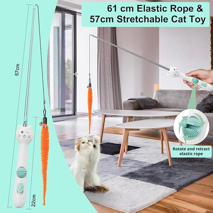 TBTeek Cat Toy, 2in1 Light and Retractable Pole with Feather, Rechargeable, Long Range 5 Modes, Interactive Toy for Indoor Cat Kitten Dog