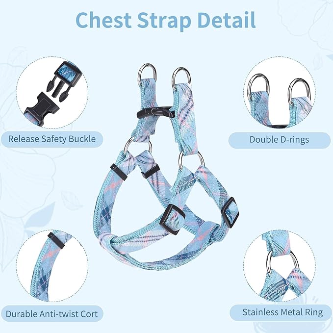 BINGPET Dog Harness Collar Leash Set,Adjustable No Pull Escape Proof Small Dog Harness,Classic Plaid Puppy Harness and Leash Set for Small Medium Large Dogs Training Easy Walk Running(Blue,S)