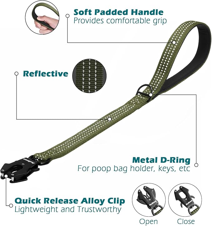 PetBonus Heavy Duty Short Dog Leash, 24 Inch Nylon Traffic Leash with Quick Release Clip, Comfortable Padded Handle, Reflective Training Lead for Medium Large Dogs (Army Green, 24")
