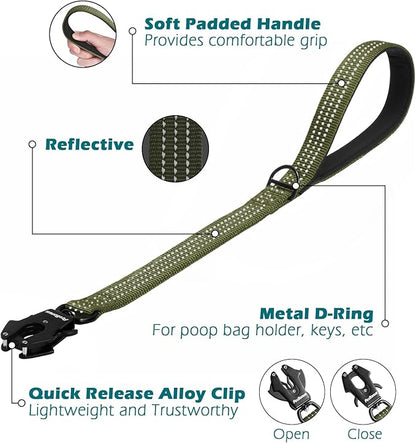 PetBonus Heavy Duty Short Dog Leash, 24 Inch Nylon Traffic Leash with Quick Release Clip, Comfortable Padded Handle, Reflective Training Lead for Medium Large Dogs (Army Green, 24")