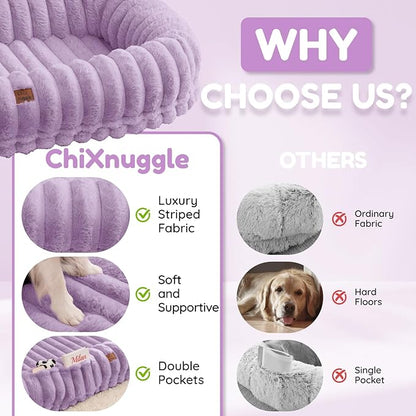 ChiXnuggle Human Dog Bed for Adult - Luxury Striped Faux Fur Giant Dog Bed with Portable Handle, Egg Orthopedic Foam Pad with Thick Blanket, 72"x40"x10", Purple