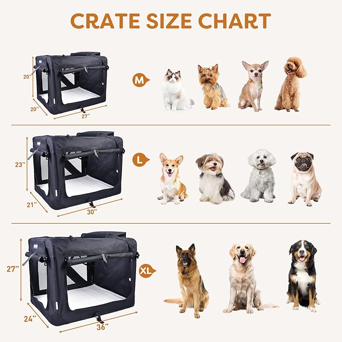 JESPET Soft Dog Crates Kennel for Pets, 3 Door Soft Sided Folding Travel Pet Carrier with Straps and Fleece Mat for Dogs, Cats (Graphite Black, X-Large(36" L x 24" W x 27" H))