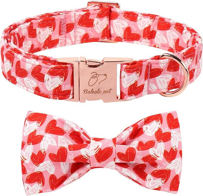 Valentines Dog Collar with Bow Tie - Cute Valentine Doodle Hearts Pink Girl Bowtie Dog Collar, Adjustable Metal Buckle Dog Collars for Small Medium Large Dogs L