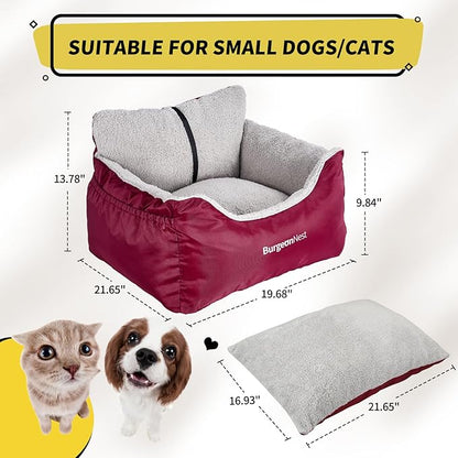 BurgeonNest Dog Car Seat for Small Dogs, Fully Detachable and Washable Cat Carseats Under 25 lbs, Soft Pet Booster Seats with Storage Pockets Clip-On Leash Portable Travel Carrier Bed, Red