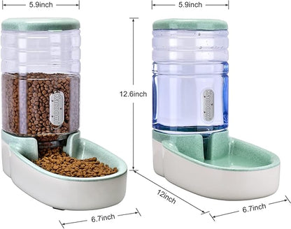 Kacoomi Automatic Dog Cat Feeder and Water Dispenser Gravity Food Feeder and Waterer Set with Pet Food Bowl for Small Medium Dog Puppy Kitten, Large Capacity 1 Gallon x 2