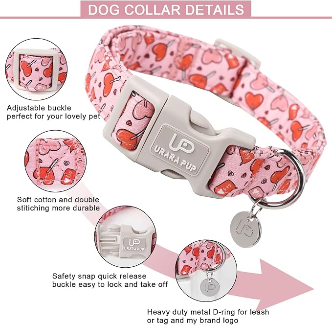UP URARA PUP Valentine’s Day Dog Collar, Pink Heart Dog Collar with Quick Release, Valentine’s Day Gift Pet Collar for Puppy Girl Boy Dog, Wedding Dog Collar