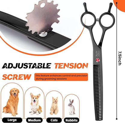 JASON 7.5" Dog Grooming Scissor - Professional Thinning Shear with 37 Teeth Japanese Stainless Steel Blender Scissors for Dogs, Cats and Other Pets (Thinning, Black) Christmas Gift
