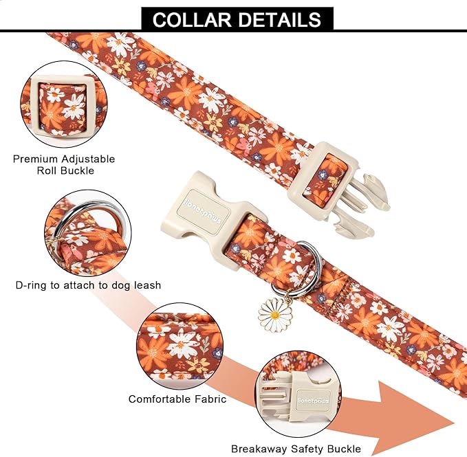 Lionet Paws Vintage Floral Dog Collar- Cute Fall Groundsel Oxalis Golden-Rod Dog Collars with Plastic Buckle,Light Adjustable Brown Dog Collars for Medium Large Dogs