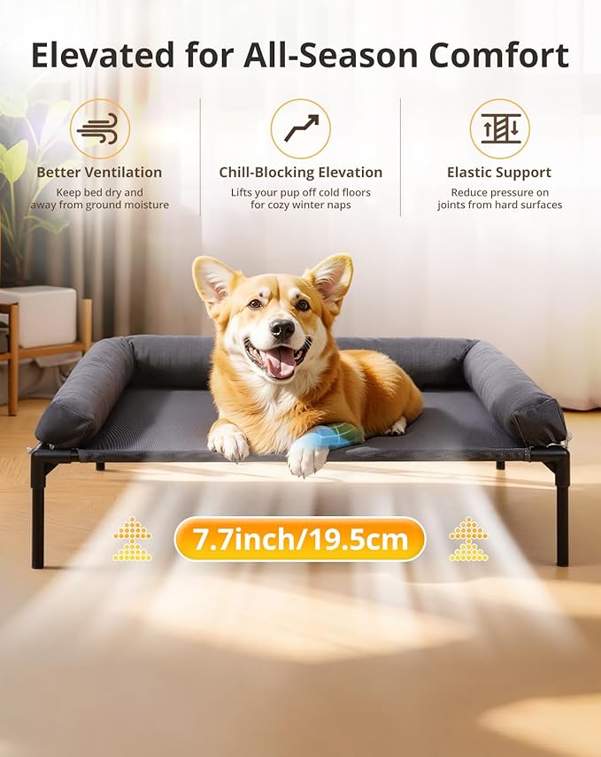 Cooling Elevated Dog Bed, 26.8x34 Raised Dog Bed with Removable Bolster Cushion, Breathable Mesh, Non-Slip Feet, and Metal Frame for Medium Breeds Indoor Outdoor