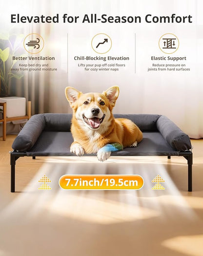 Cooling Elevated Dog Bed, 26.8x34 Raised Dog Bed with Removable Bolster Cushion, Breathable Mesh, Non-Slip Feet, and Metal Frame for Medium Breeds Indoor Outdoor