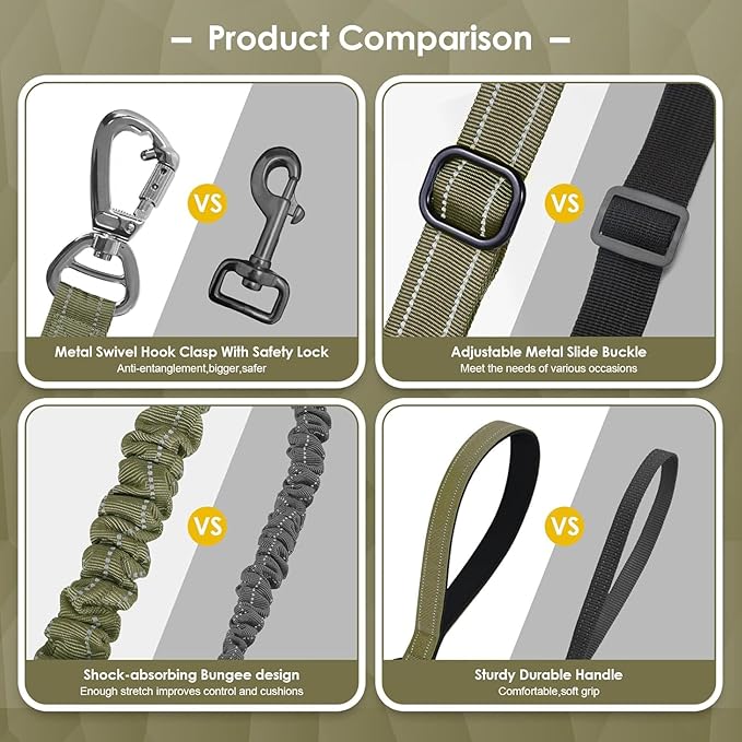 AUBELL Tactical Dog Leash Heavy Duty,4-6ft Reflective Strong No Pull Bungee Leash for Medium Large Dogs with Comfortable Padded Double Handle,Car Seat Belt,360 Degree Rotating Carabiner,Green