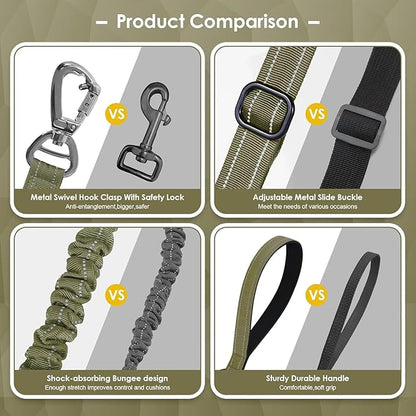 AUBELL Tactical Dog Leash Heavy Duty,4-6ft Reflective Strong No Pull Bungee Leash for Medium Large Dogs with Comfortable Padded Double Handle,Car Seat Belt,360 Degree Rotating Carabiner,Green