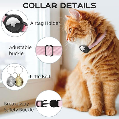 AirTag Cat Collars, Stretchy Collar with Apple AirTag Holder and Bell, Breakaway Ultra Design Elastic GPS Tracking Collars for Cats and Puppies, (7.5-12.5 Inch), Pink