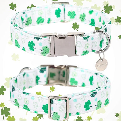 St. Patrick's Dog Collar, Cotton St. Patricks Clover Collar for Puppy Girl Boy Dog or Cat, Lucky Shamrock Dog Collar with Metal Buckle, Green, Spring, XL