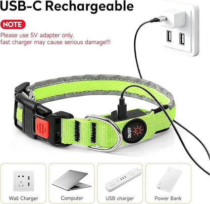 LED Dog Collar, Light Up Dog Collar USB Rechargeable, Nylon Adjustable Comfortable Soft Bright RGB 7 Colors Changing Safety Light Glowing Collar for Medium and Large Dogs(Medium,Green)