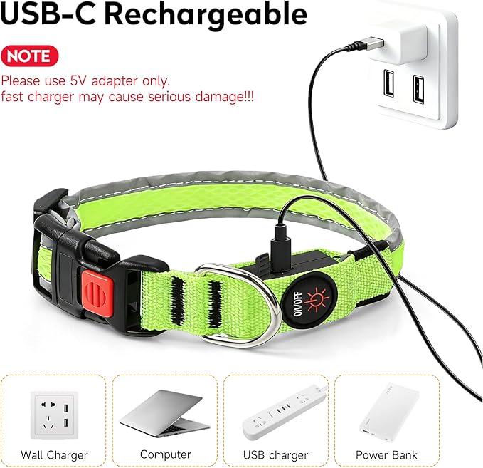 LED Dog Collar, Light Up Dog Collar USB Rechargeable, Nylon Adjustable Comfortable Soft Bright RGB 7 Colors Changing Safety Light Glowing Collar for Small and Medium Dogs(Small,Green)