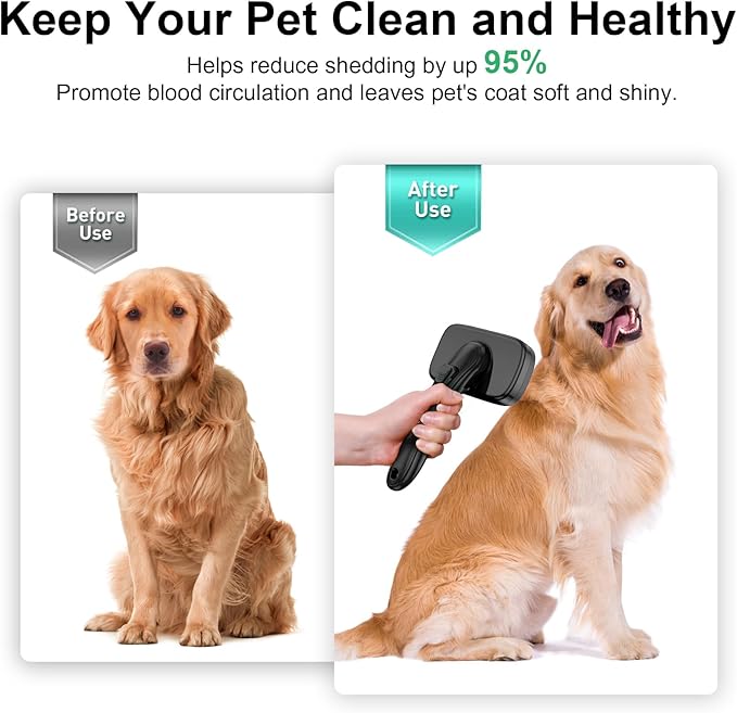 WOPQAEM Self Cleaning Slicker Brush for Dog, Cat, Skin Friendly Shedding & Grooming Tool for Long and Short Haired Pets, Easy Clean Retractable Bristles, Black